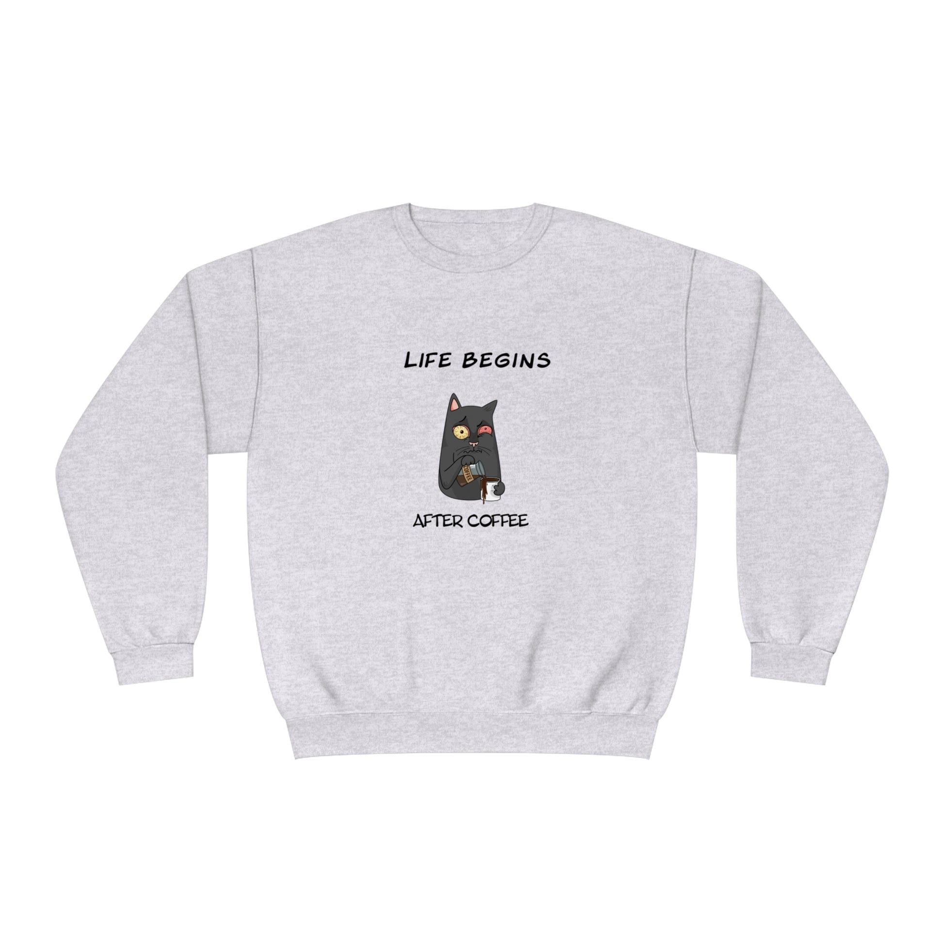 Printify gray funny sweat shirt with cartoon cat and Life Begins After Coffee text