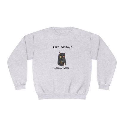 Printify gray funny sweat shirt with cartoon cat and Life Begins After Coffee text