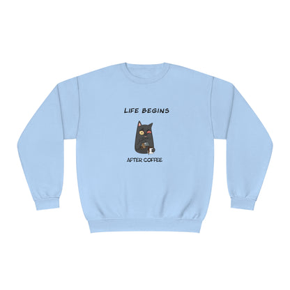 Light blue funny sweat shirt with a cartoon cat holding coffee and text Life Begins After Coffee