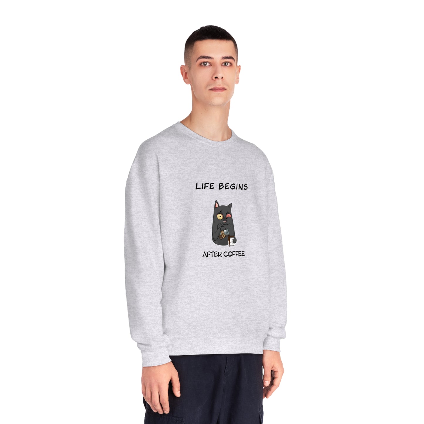 Printify grey funny sweat shirt with cat holding coffee graphic and life begins after coffee text