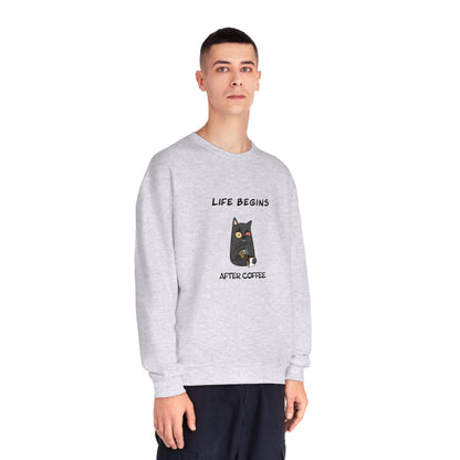 Printify grey funny sweat shirt with cat holding coffee graphic and life begins after coffee text