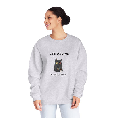 Printify gray funny sweat shirt with cat graphic and life begins after coffee text worn by smiling woman
