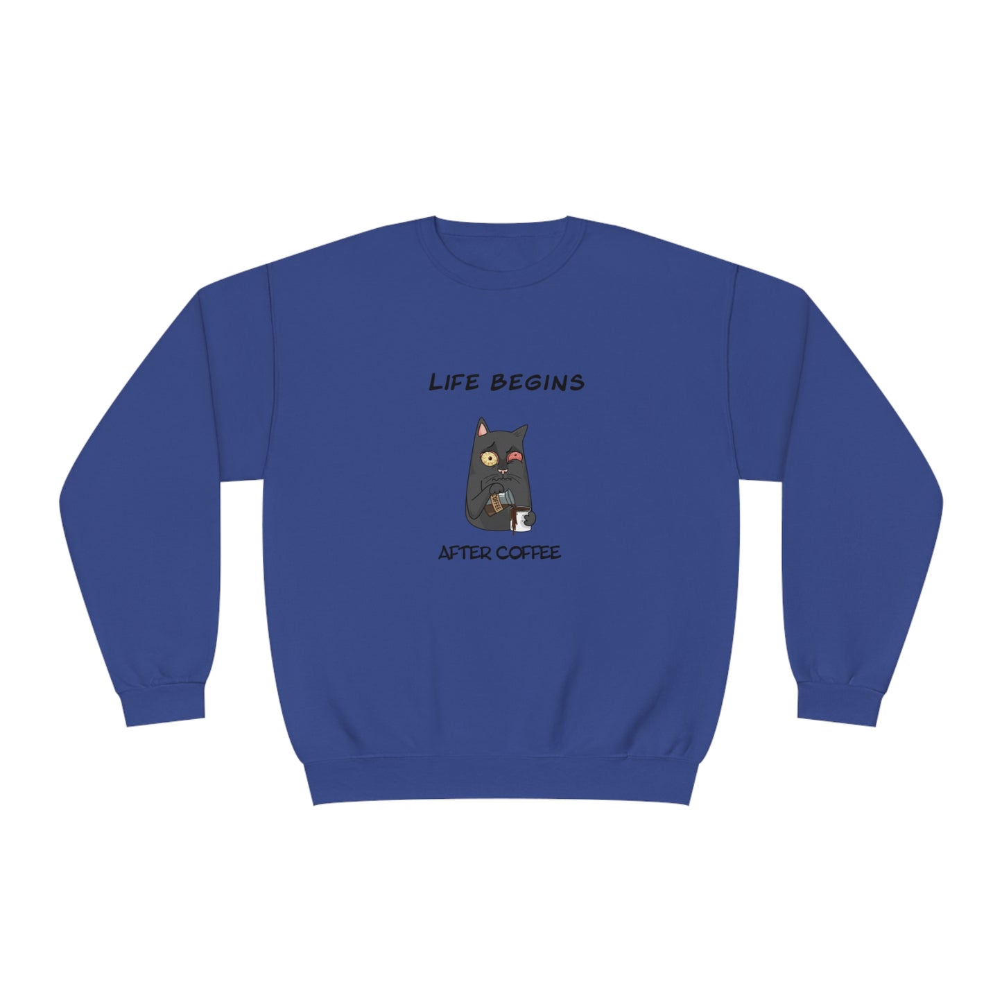 Blue sweatshirt with funny sweat shirt design featuring a cat and coffee text life begins after coffee