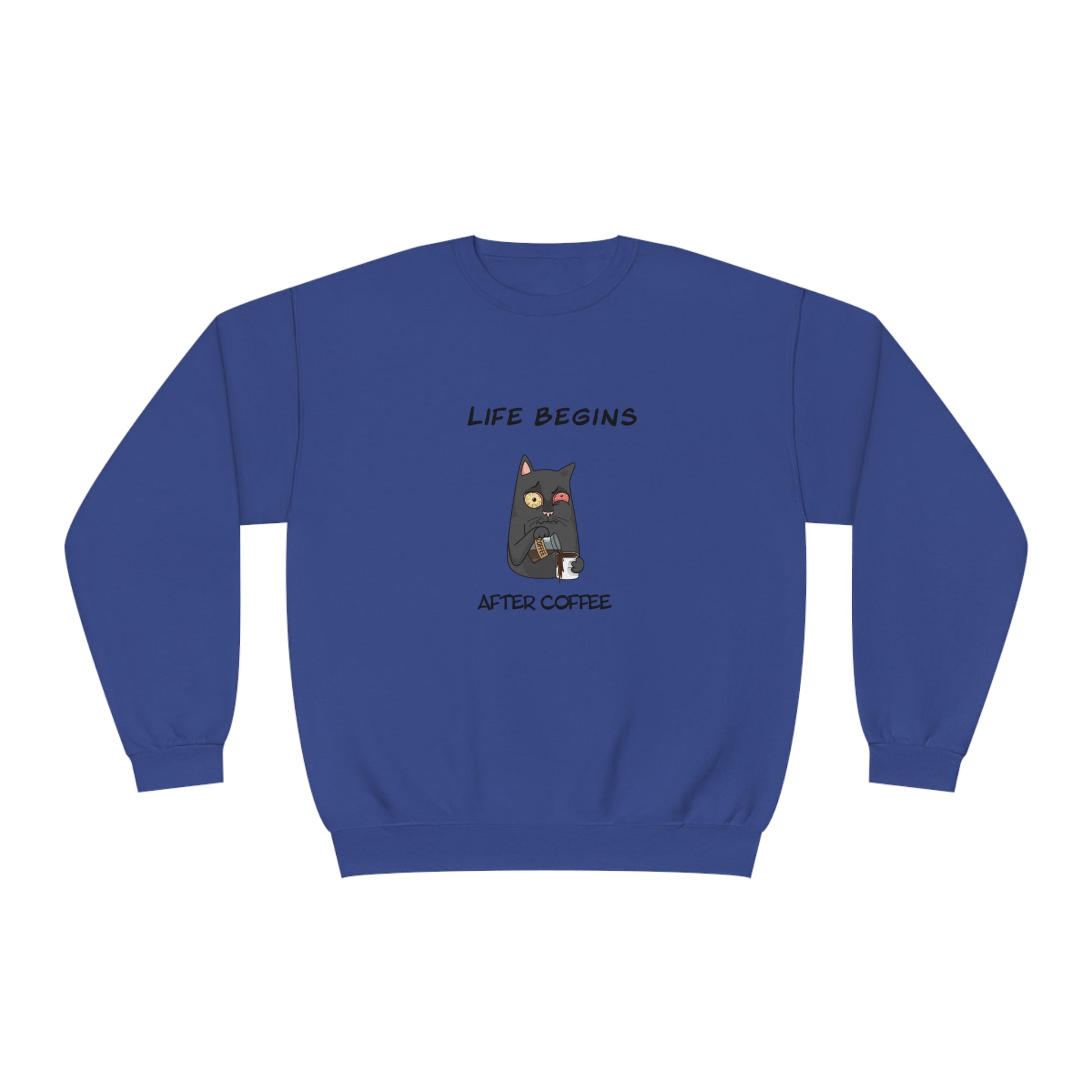 Blue sweatshirt with funny sweat shirt design featuring a cat and coffee text life begins after coffee