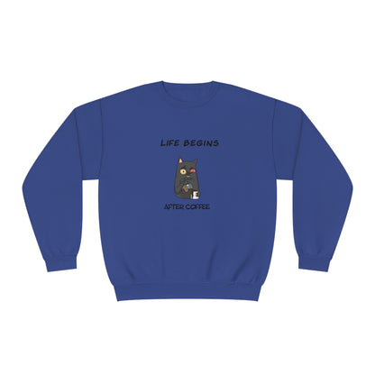 Blue sweatshirt with funny sweat shirt design featuring a cat and coffee text life begins after coffee