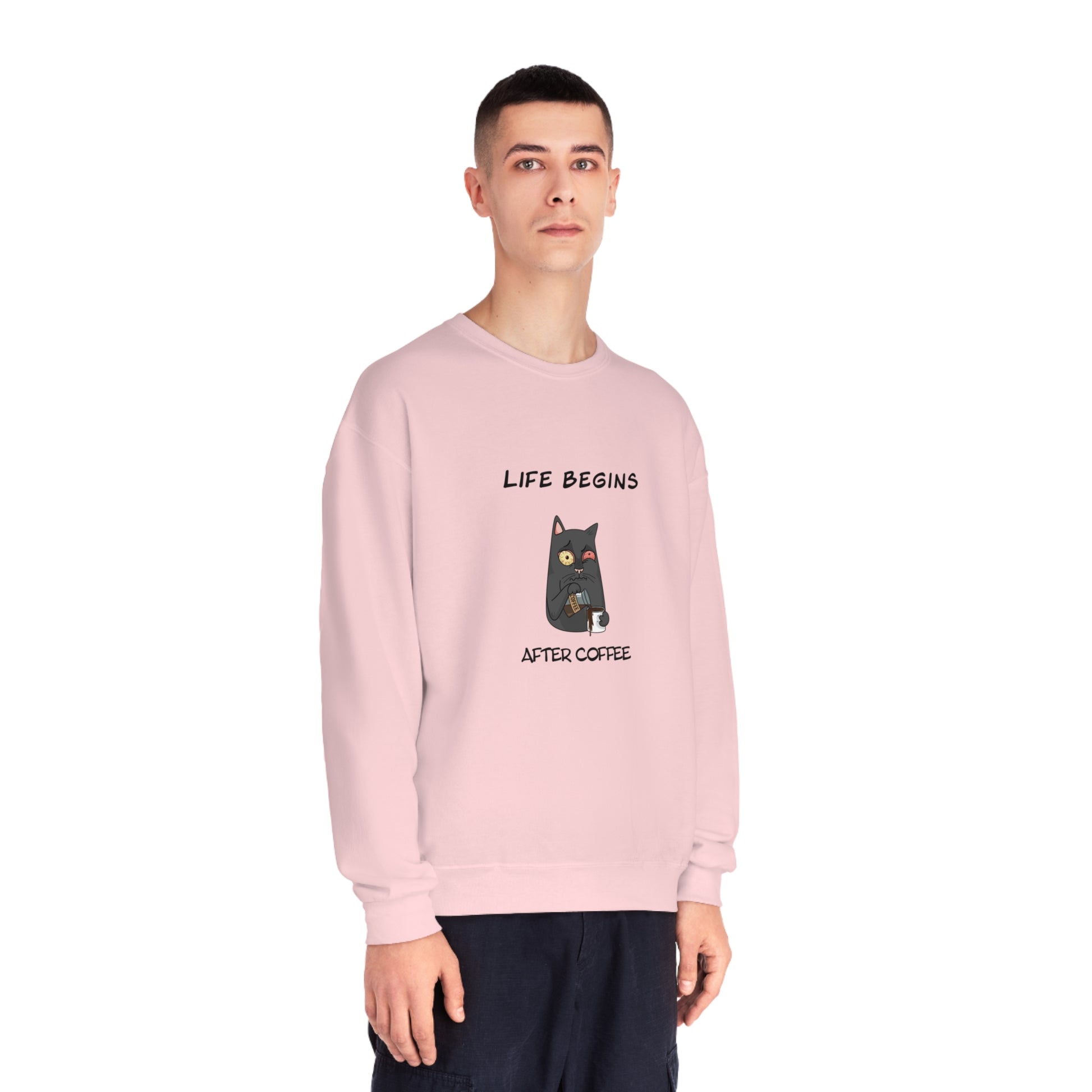 Printify pink funny sweat shirt with cat and coffee design saying life begins after coffee