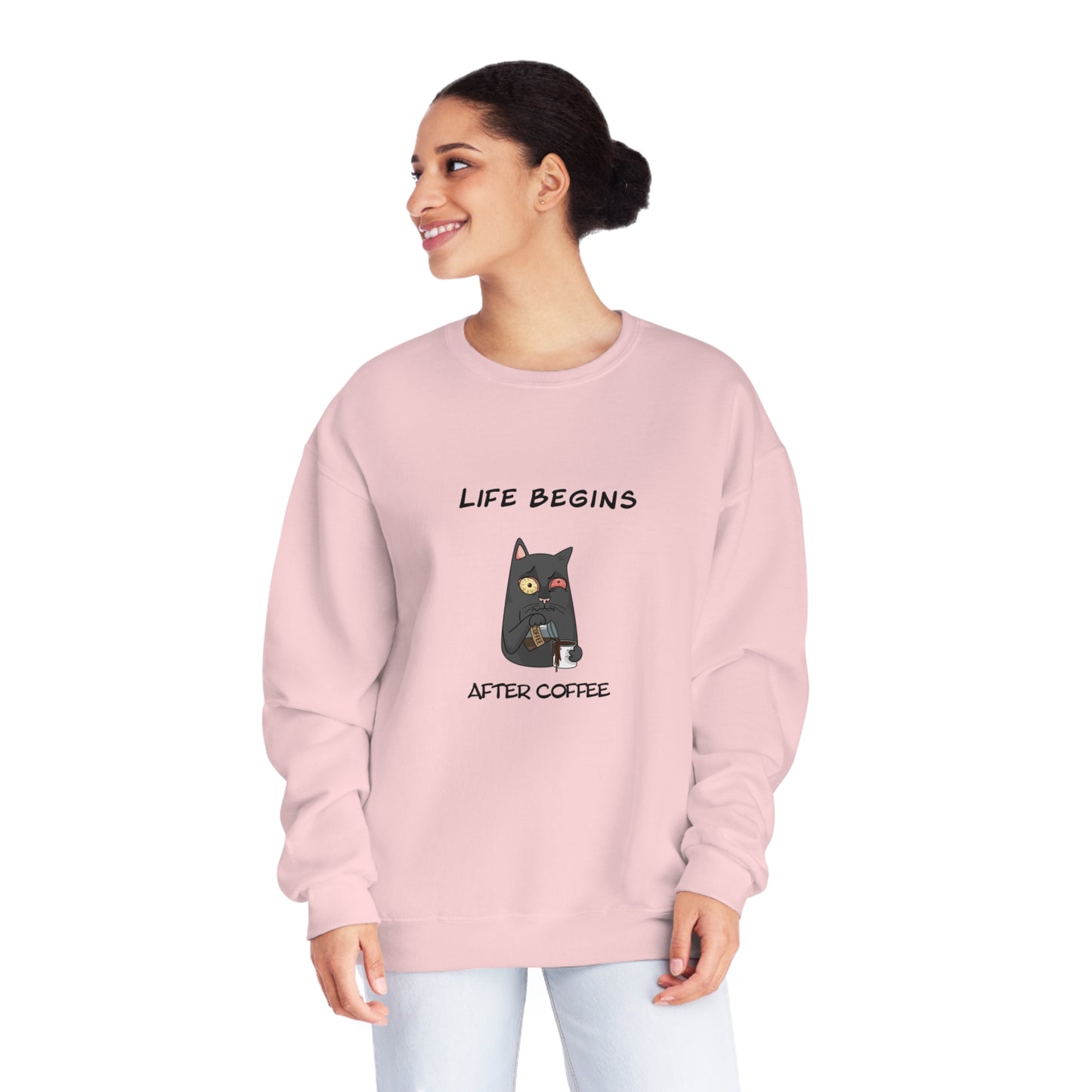 Printify pink funny sweat shirt with cartoon cat and Life Begins After Coffee text