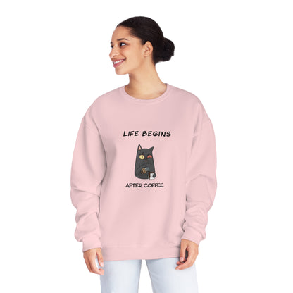 Printify pink funny sweat shirt with cartoon cat and Life Begins After Coffee text