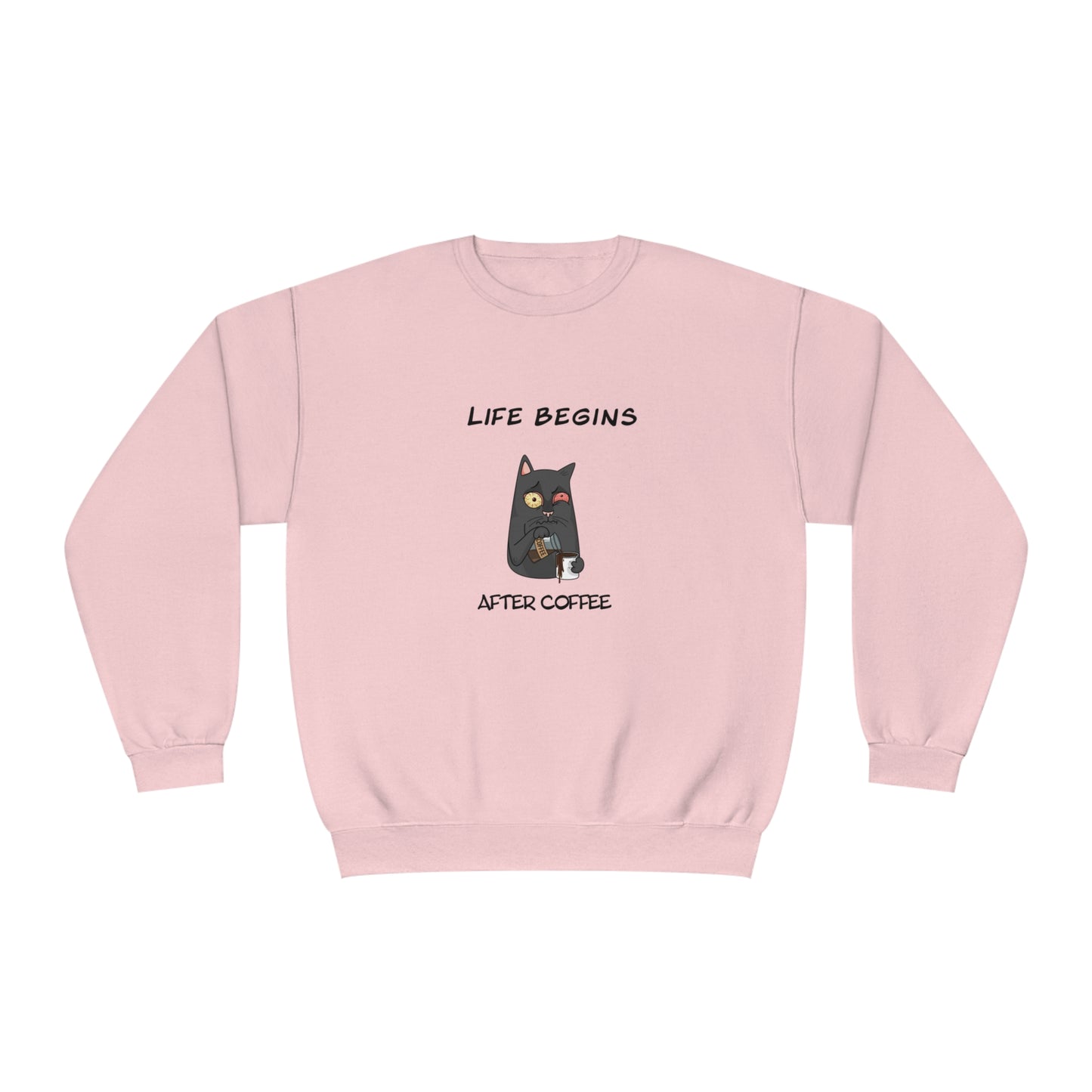 Printify pink funny sweat shirt with cartoon cat holding coffee and text Life begins after coffee