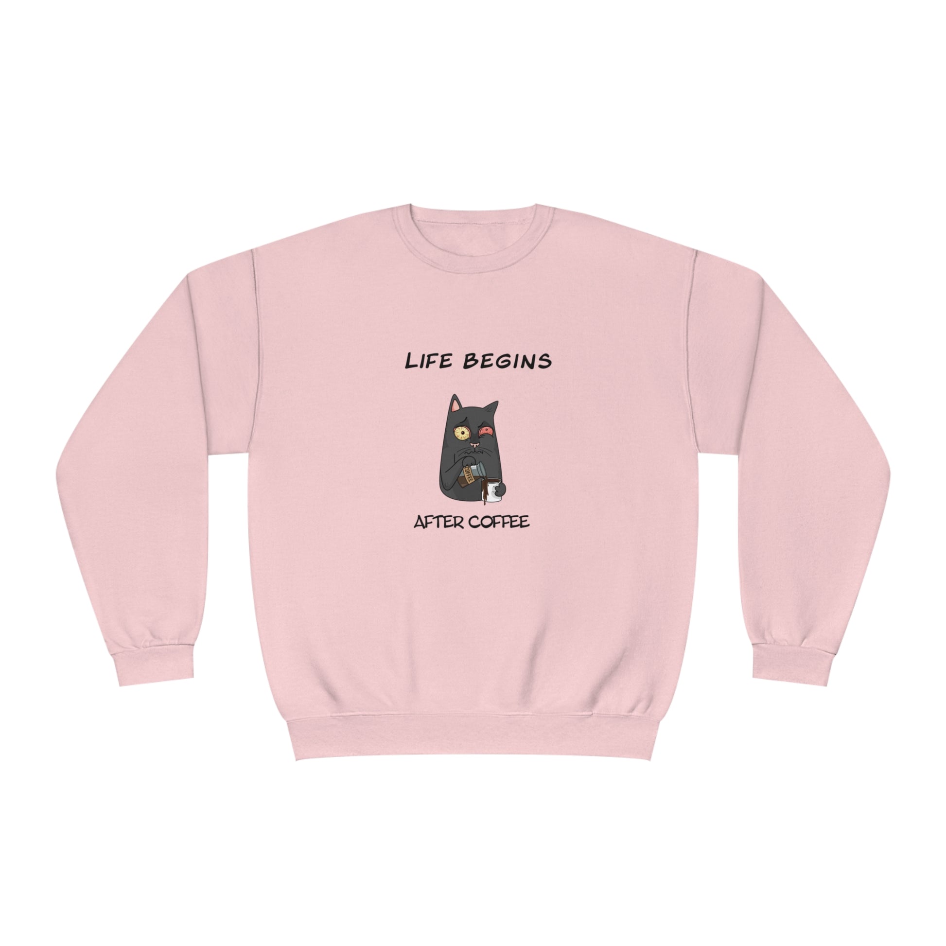 Printify pink funny sweat shirt with cartoon cat holding coffee and text Life begins after coffee