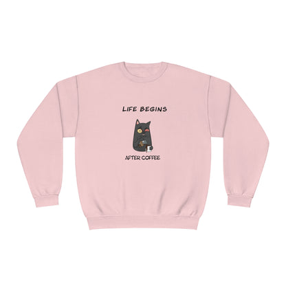 Printify pink funny sweat shirt with cartoon cat holding coffee and text Life begins after coffee
