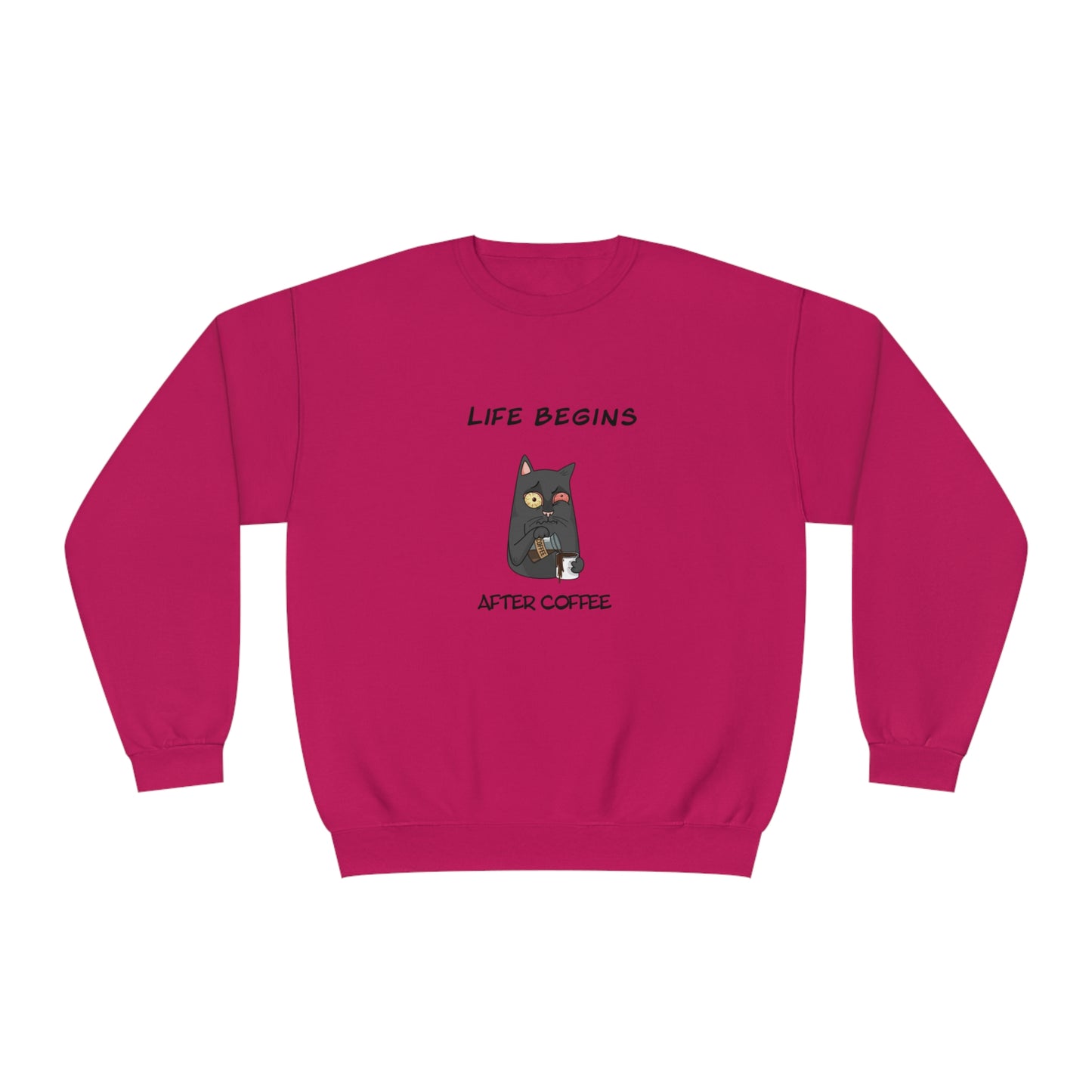Printify funny sweat shirt in maroon with cartoon cat and life begins after coffee text