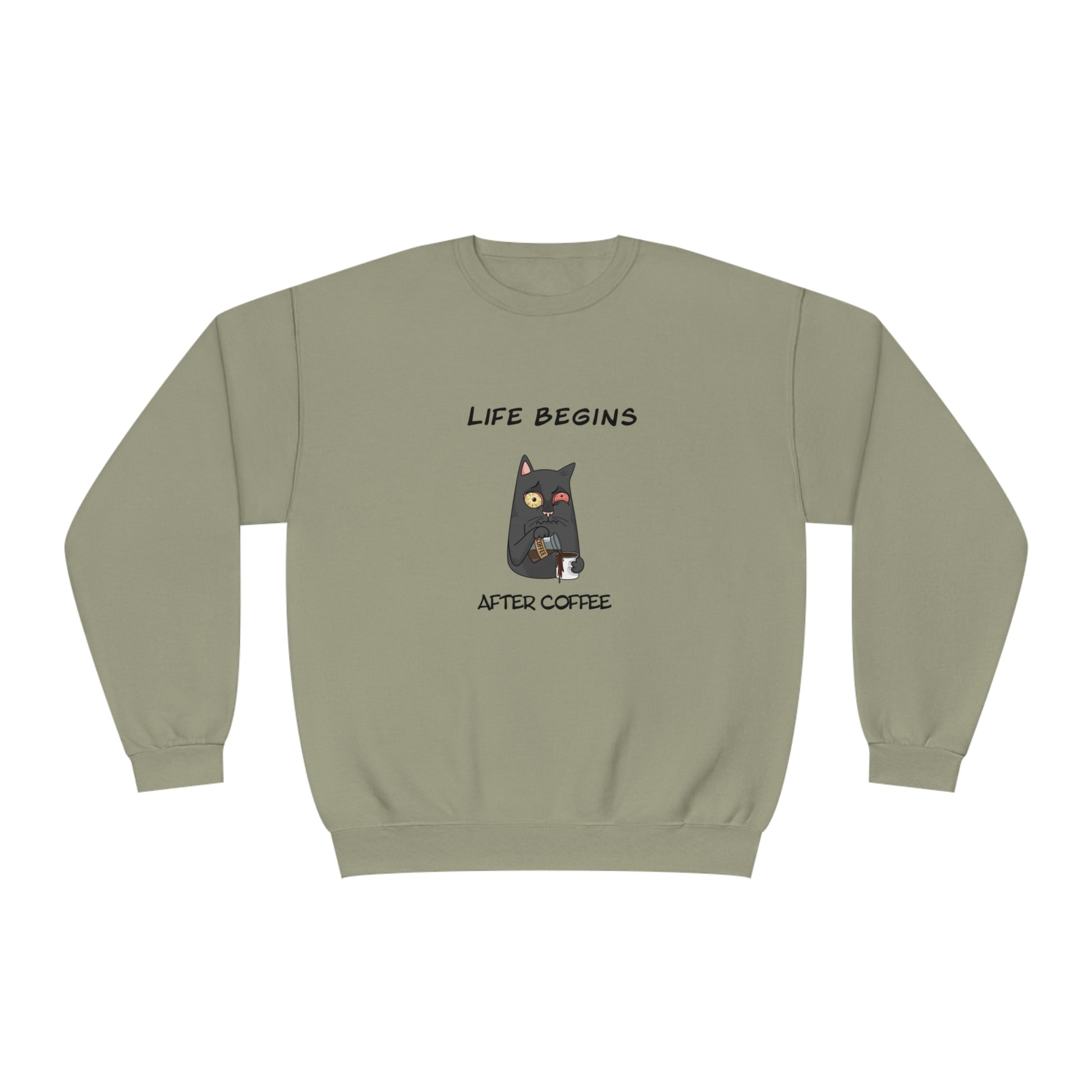 Printify funny sweat shirt in olive green with cat and coffee graphic and Life Begins After Coffee text