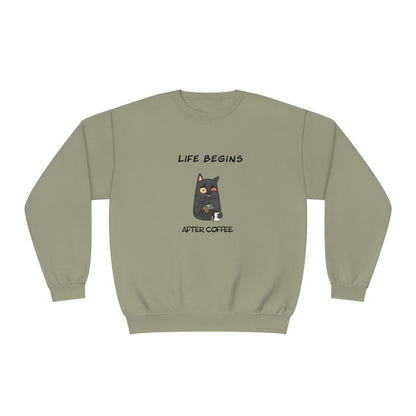 Printify funny sweat shirt in olive green with cat and coffee graphic and Life Begins After Coffee text
