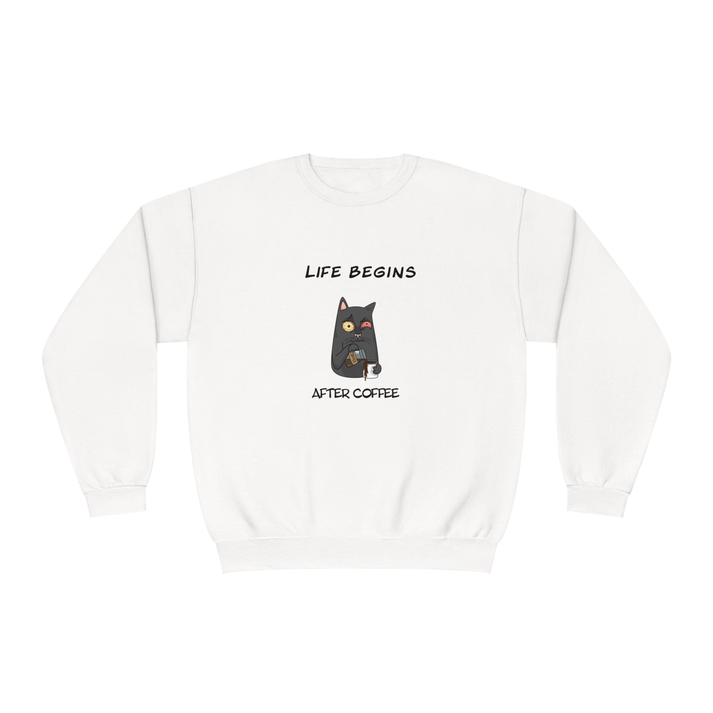 White Printify funny sweat shirt with life begins after coffee cartoon cat design
