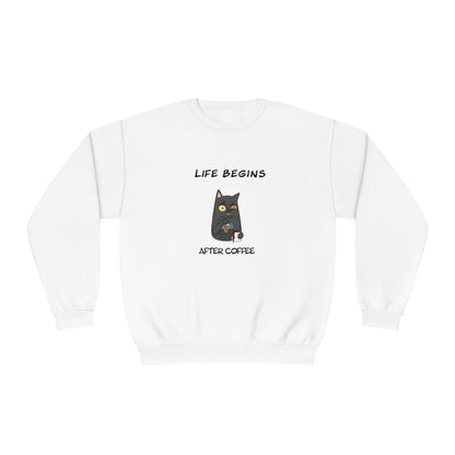 White Printify funny sweat shirt with life begins after coffee cartoon cat design