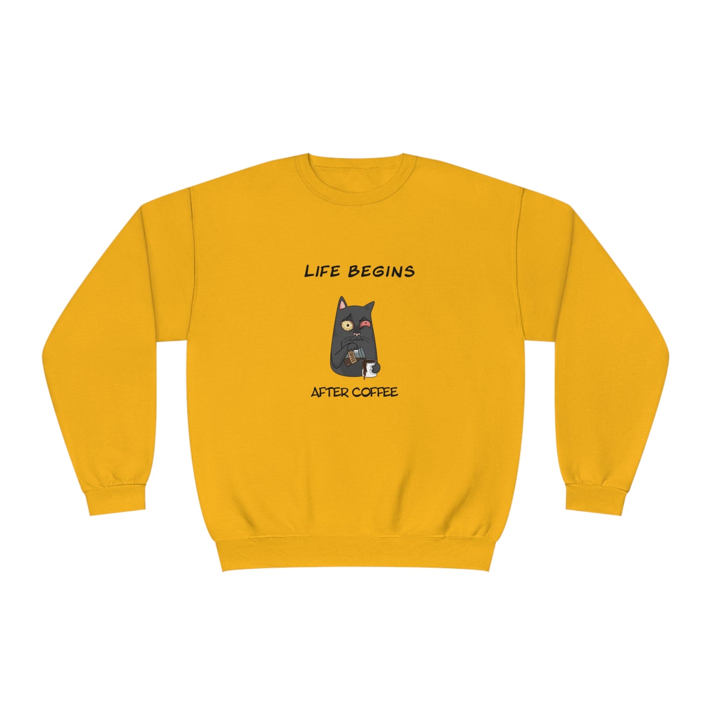 Printify yellow funny sweat shirt with black cat holding coffee and text life begins after coffee