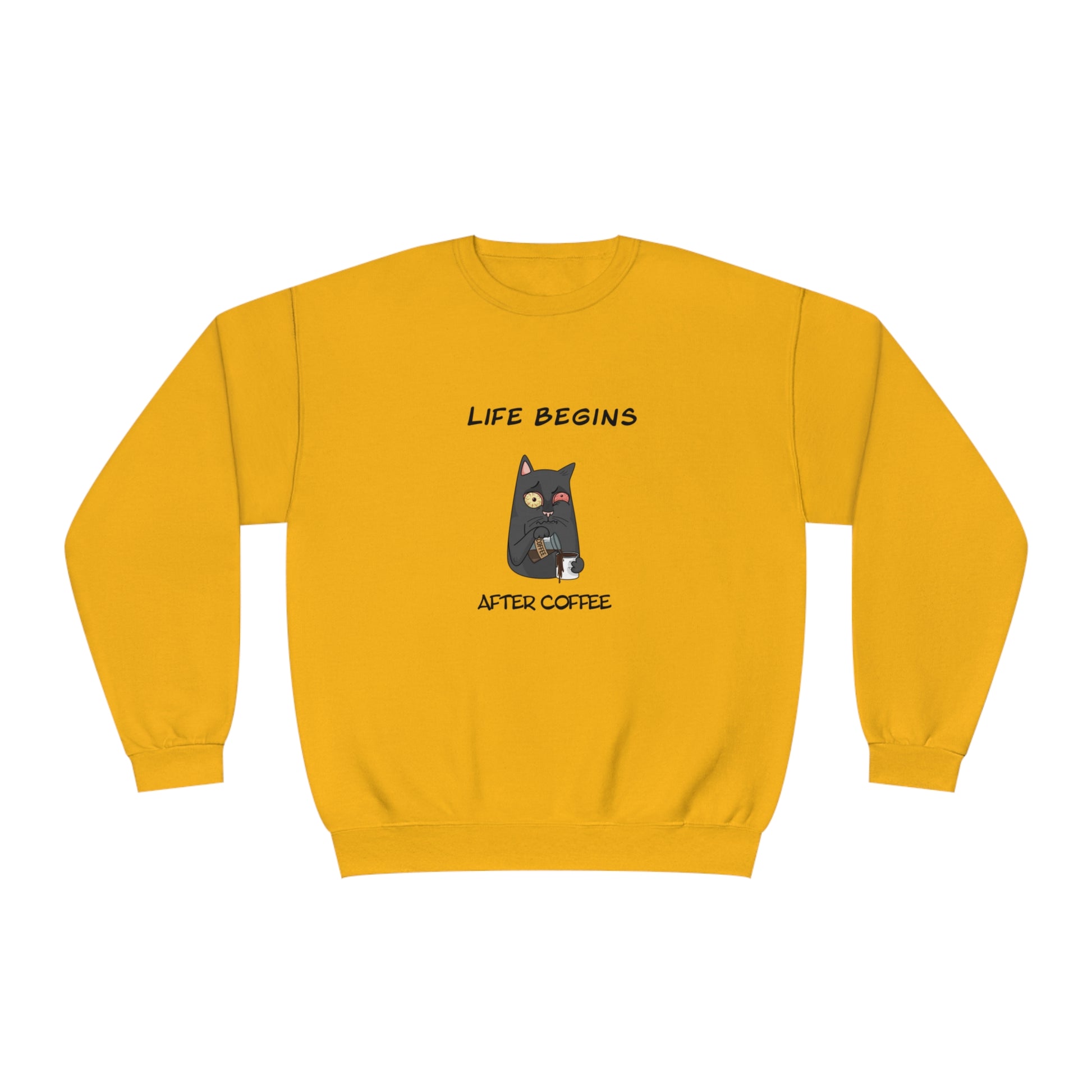 Printify yellow funny sweat shirt with black cat holding coffee and text life begins after coffee
