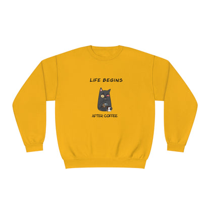 Printify yellow funny sweat shirt with black cat holding coffee and text life begins after coffee