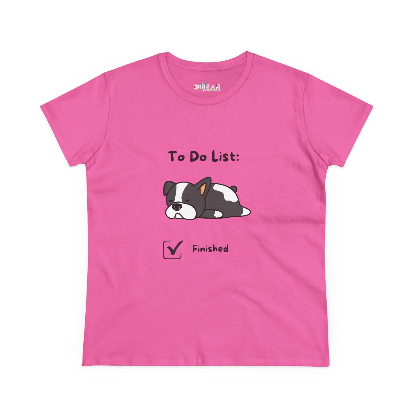 Pink funny to do list tee with a cute cartoon dog and finished checklist design
