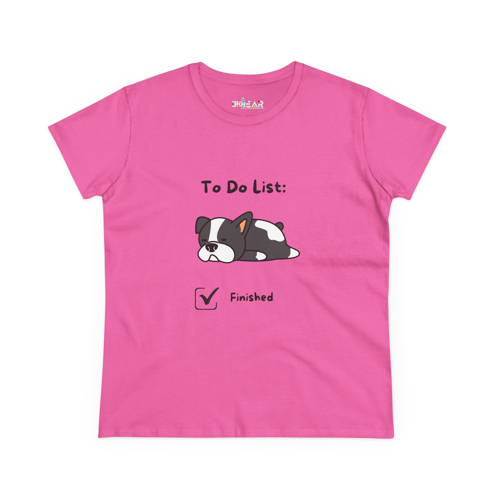 Pink funny to do list tee with a cute cartoon dog and finished checklist design