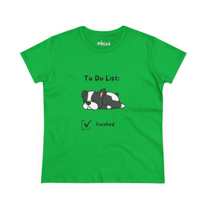 Green funny to do list tee featuring a cute dog illustration with finished checklist