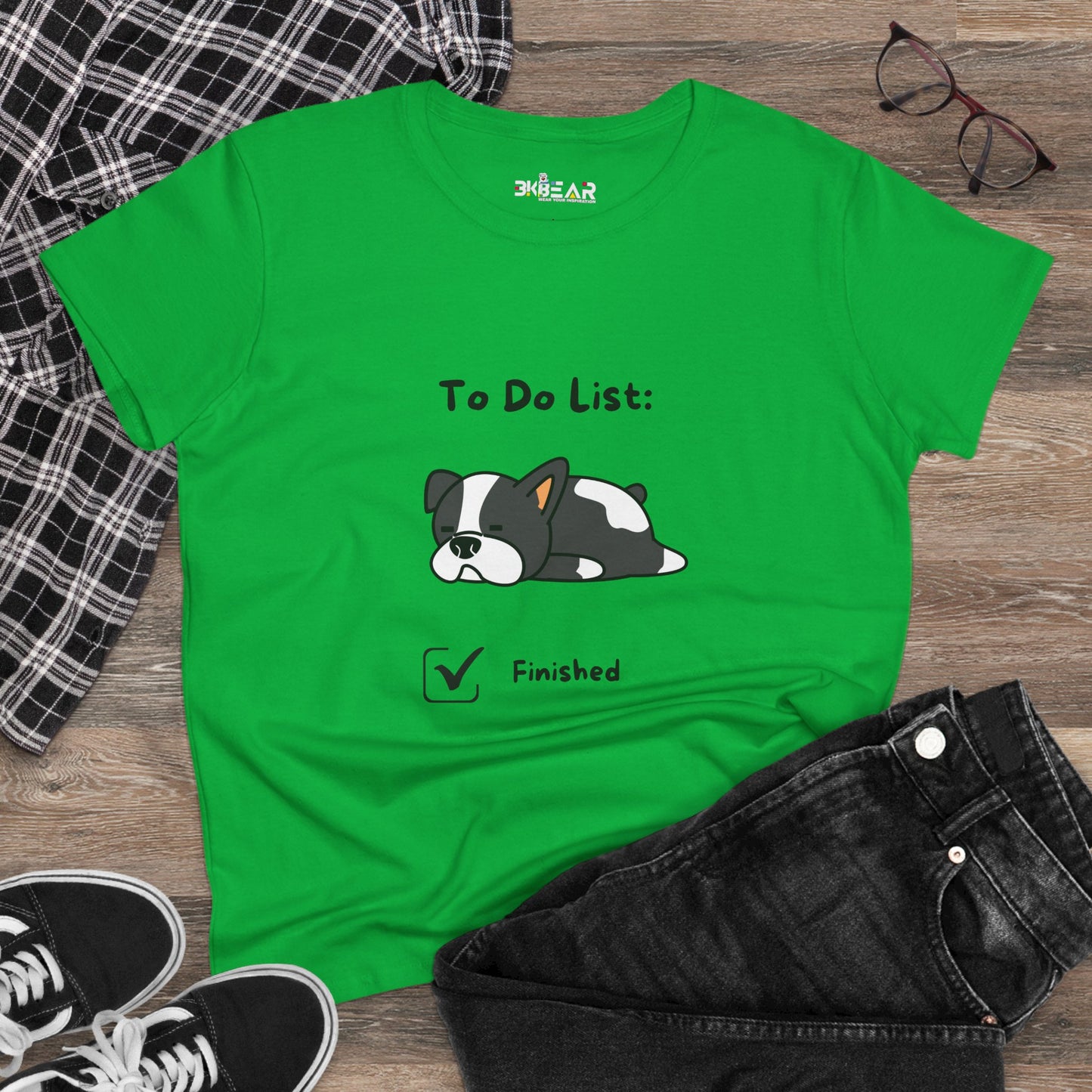 Green funny to do list tee featuring a cute sleepy dog cartoon with finished checklist
