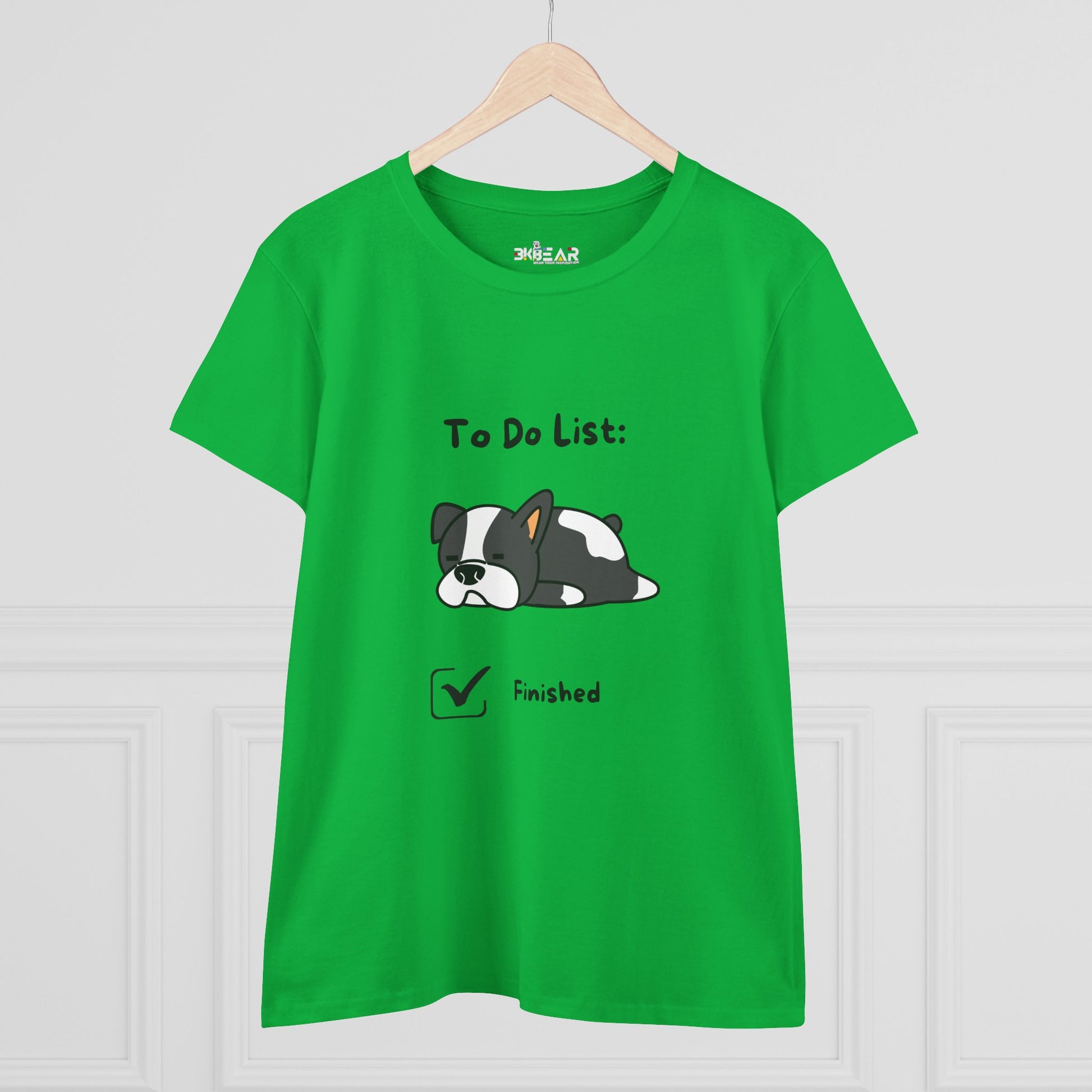 Green funny to do list tee with cartoon dog and finished checkbox design
