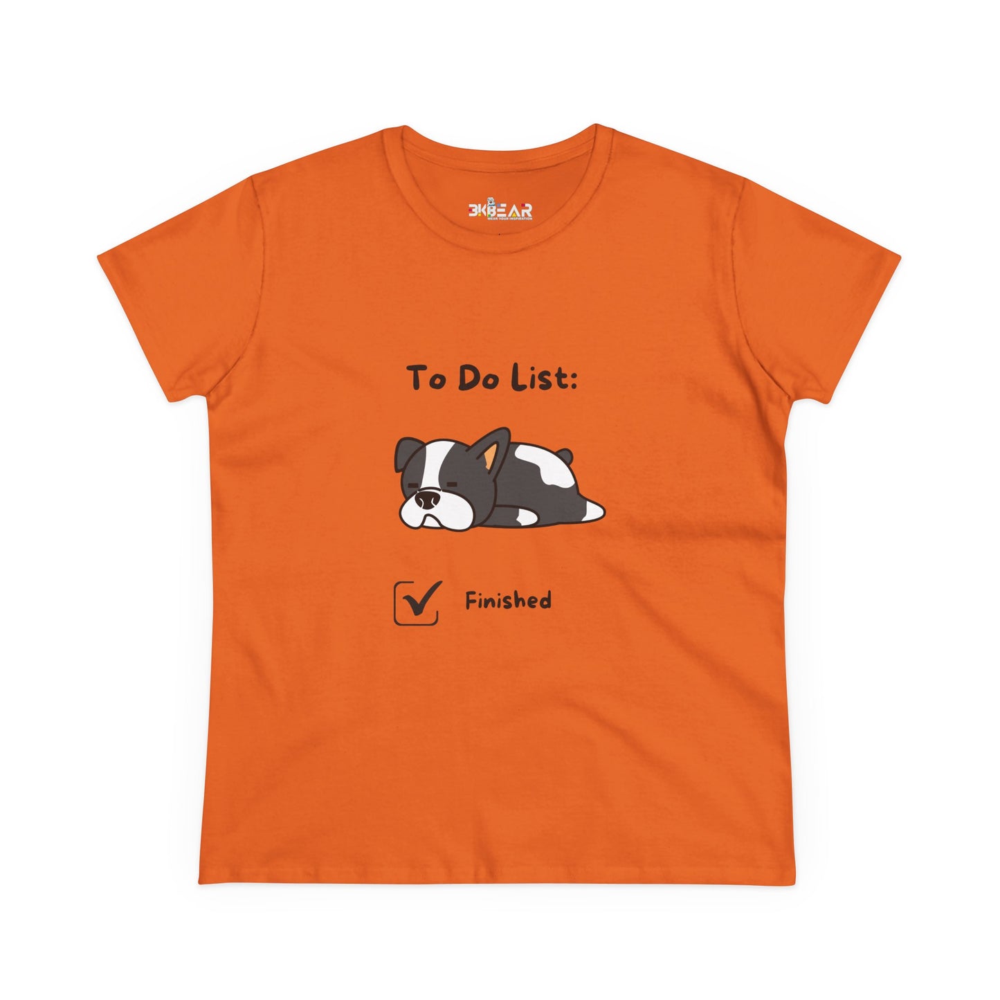 Orange funny to do list tee with a cute sleeping dog and finished checkbox graphic