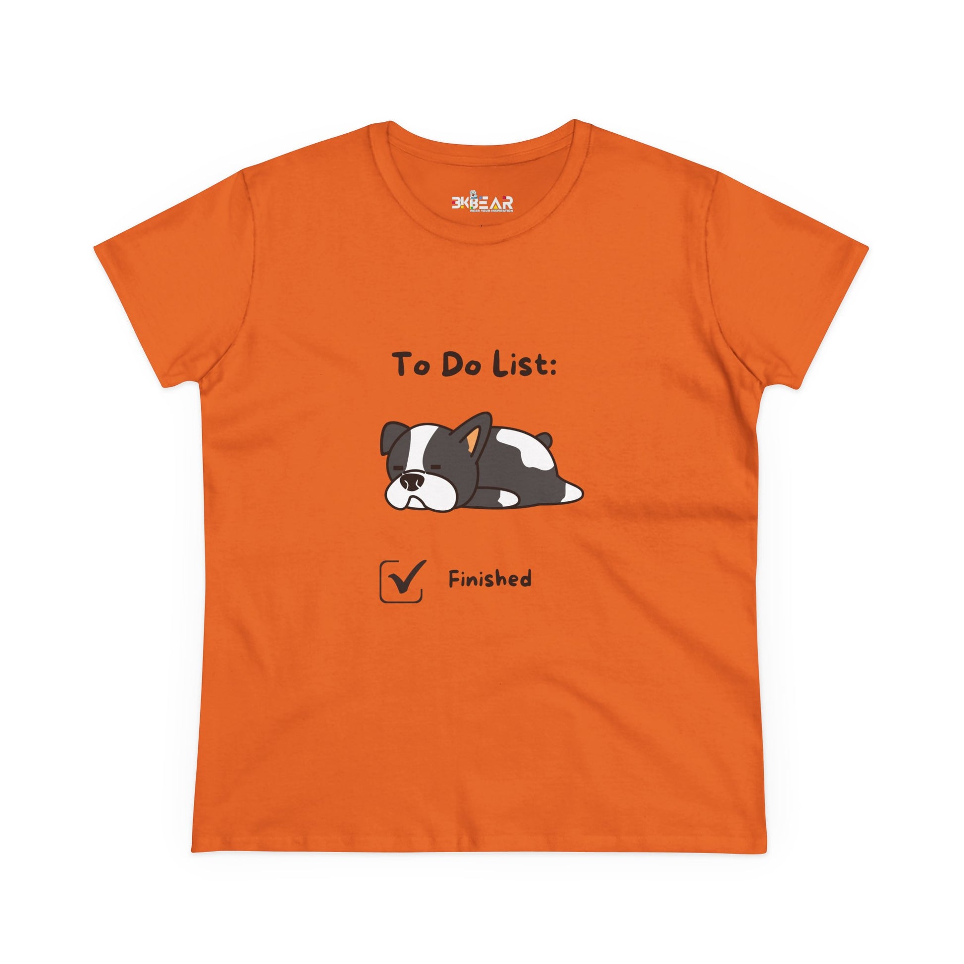 Orange funny to do list tee with a cute sleeping dog and finished checkbox graphic