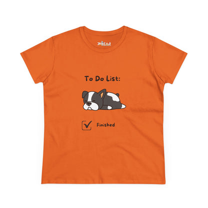 Orange funny to do list tee with a cute sleeping dog and finished checkbox graphic