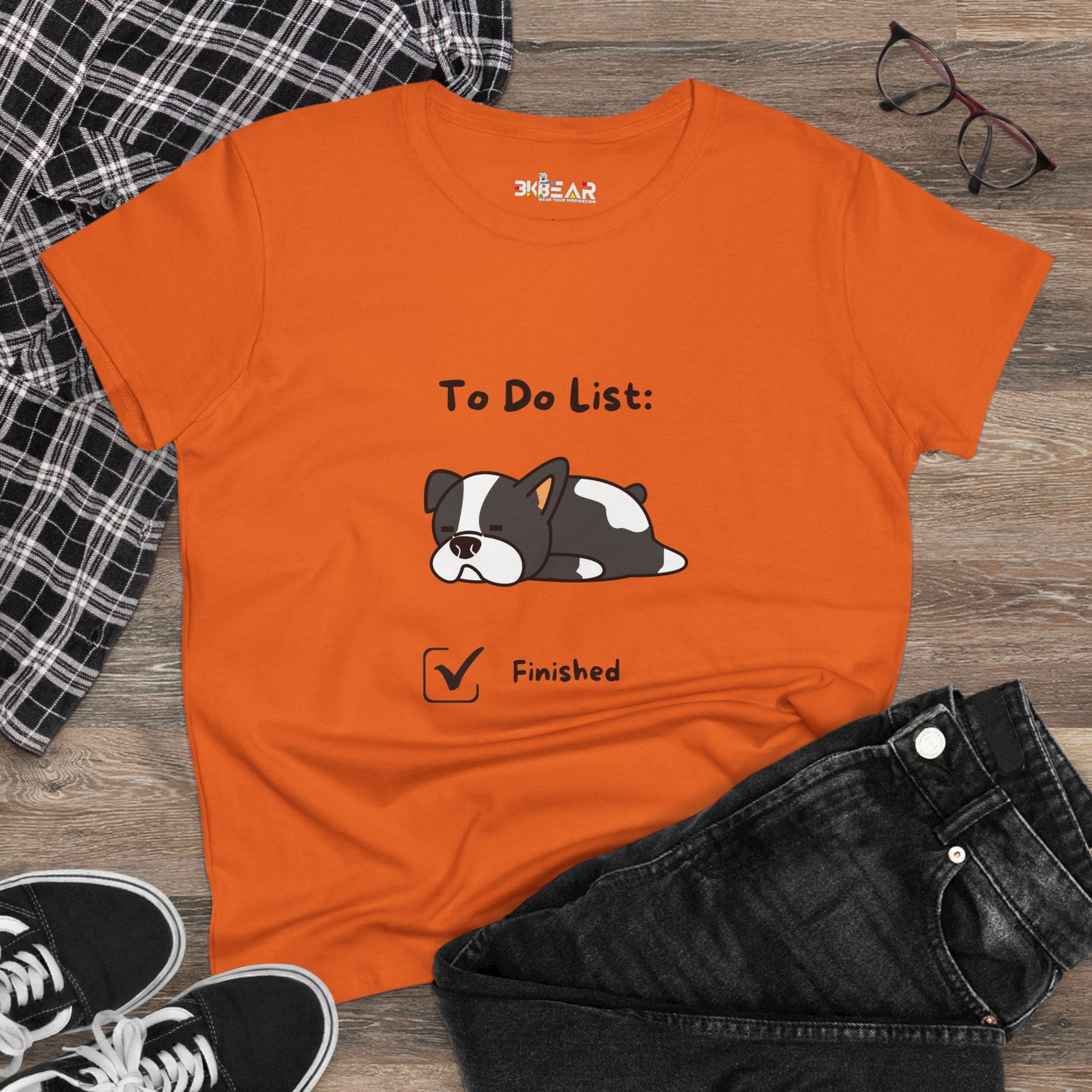 Orange funny to do list tee featuring a cute sleeping dog and the word finished printed on front