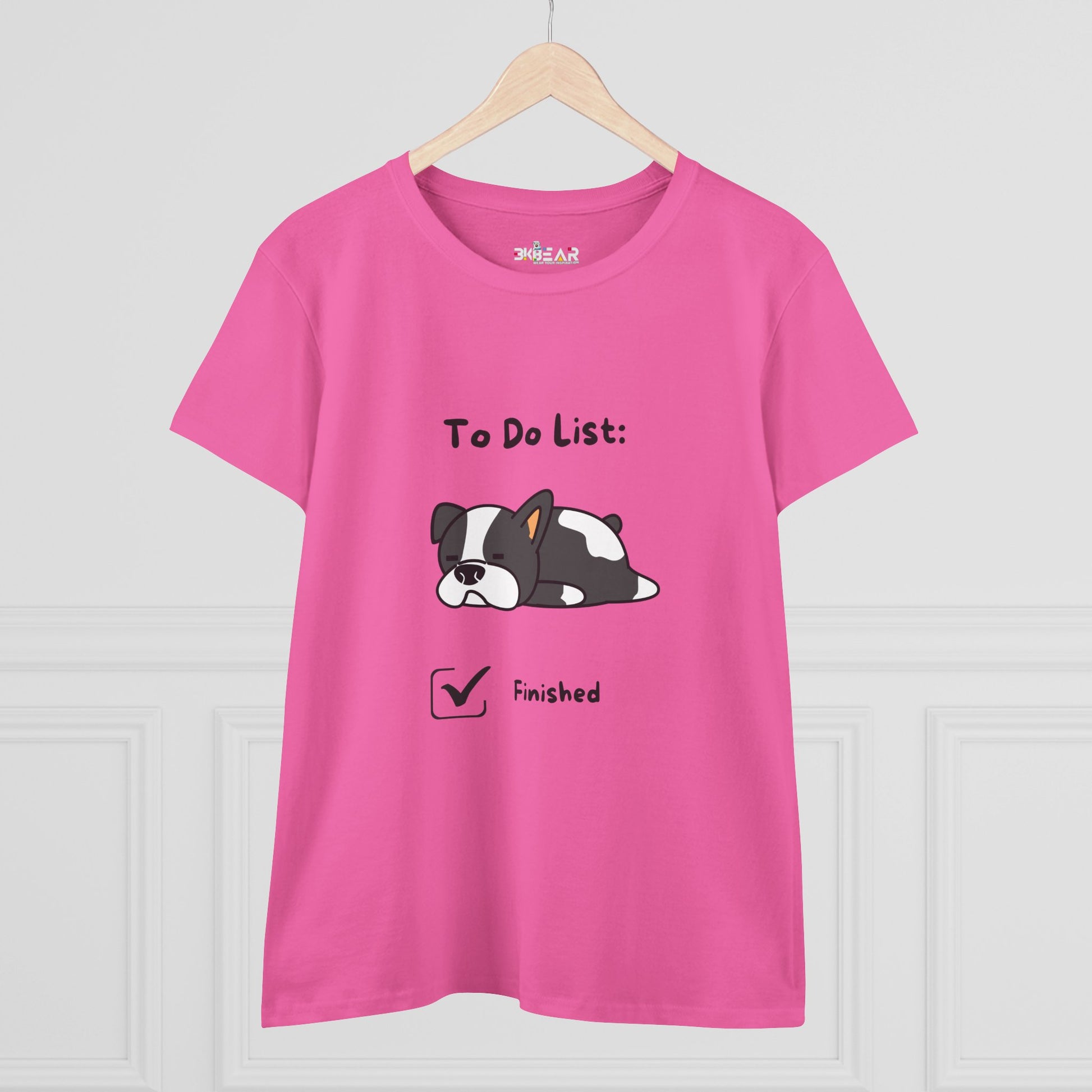 Pink funny to do list tee with a cute sleeping dog and finished checklist design