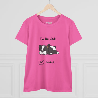 Pink funny to do list tee with a cute sleeping dog and finished checklist design