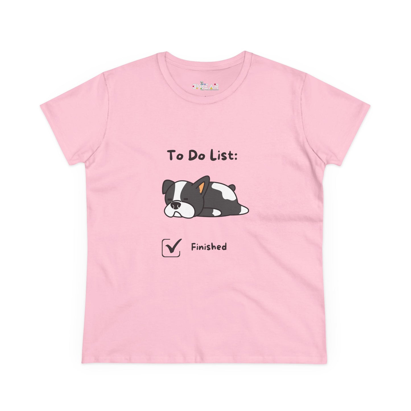 Pink funny to do list tee featuring a cute sleepy dog and checked finished box design