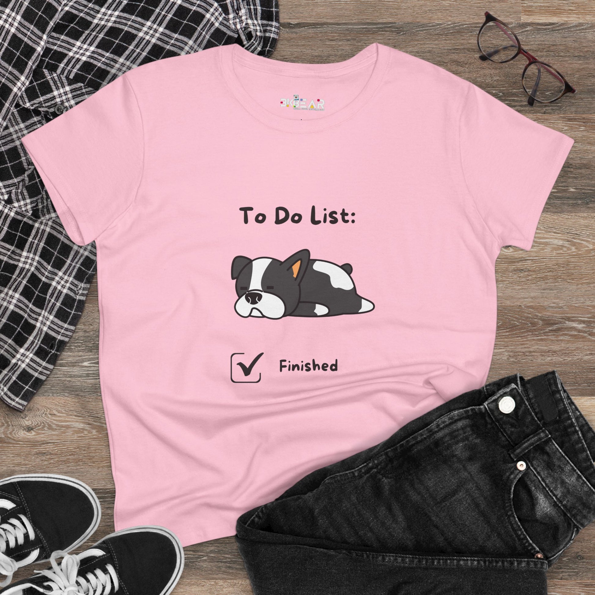 Pink funny to do list tee with cute sleeping dog graphic and finished checkbox print