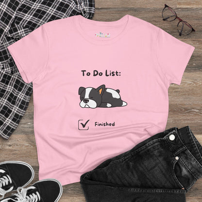 Pink funny to do list tee with cute sleeping dog graphic and finished checkbox print