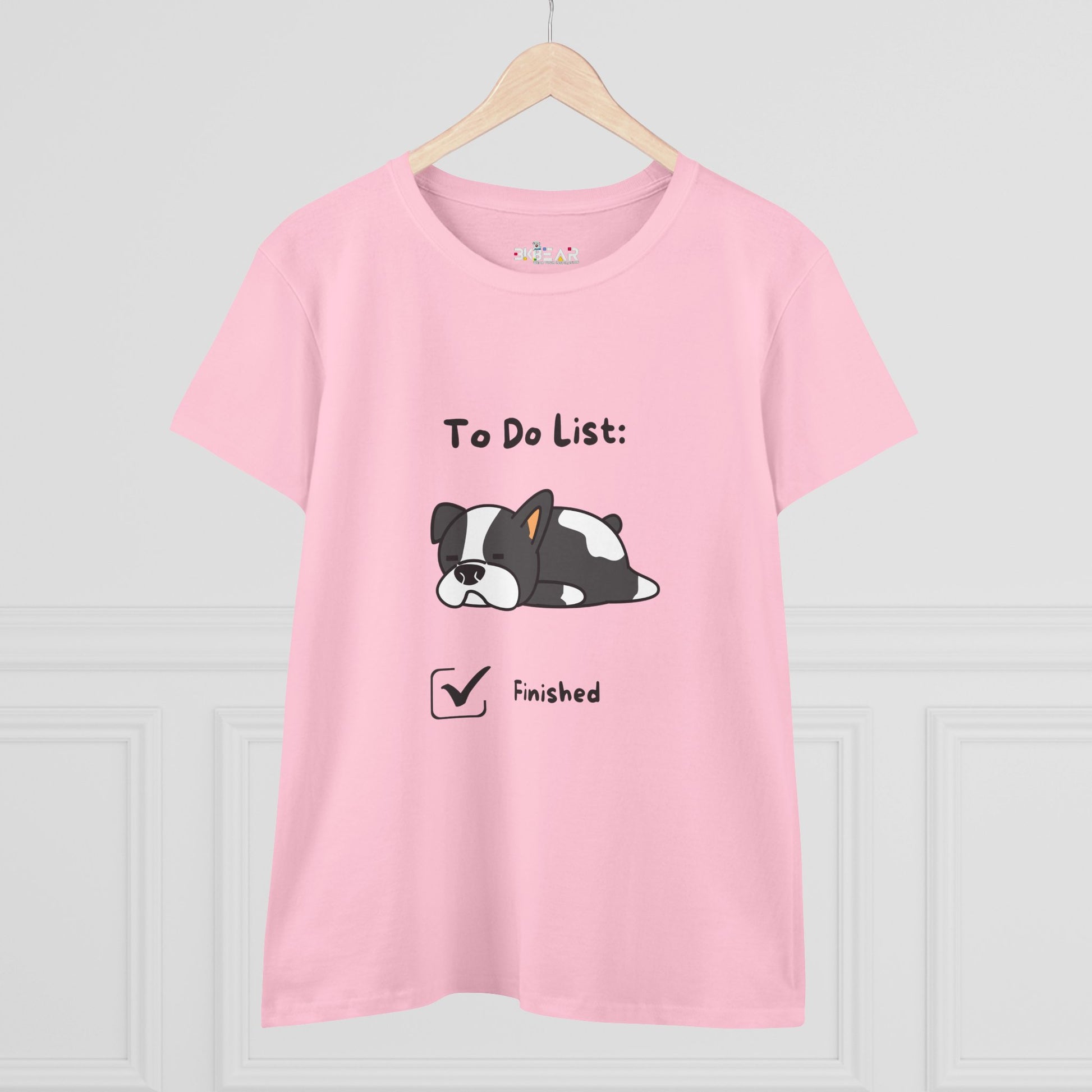 Pink funny to do list tee with a cartoon dog and finished checklist design by Printify