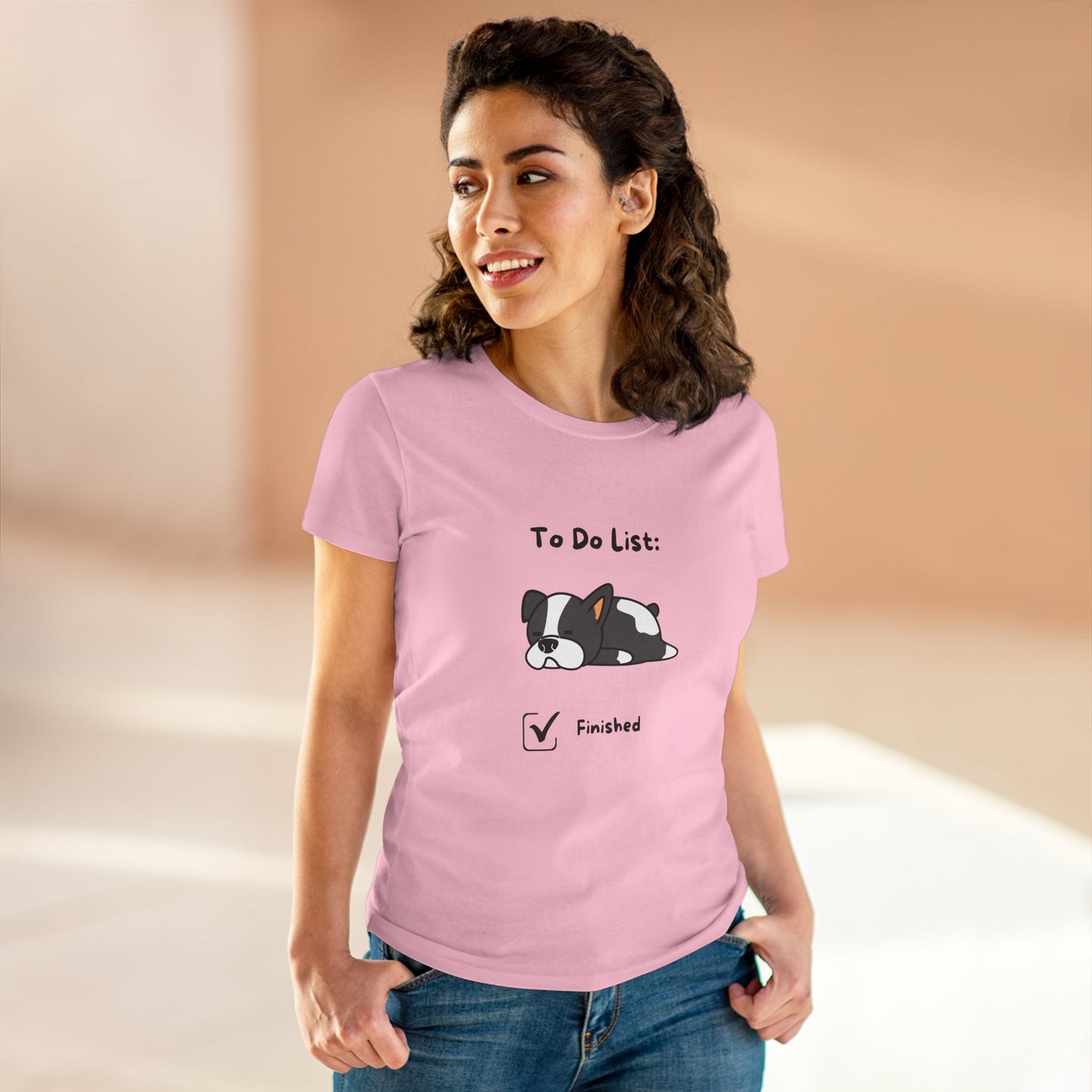 Printify funny to do list tee in light pink featuring cute dog and finished checklist design