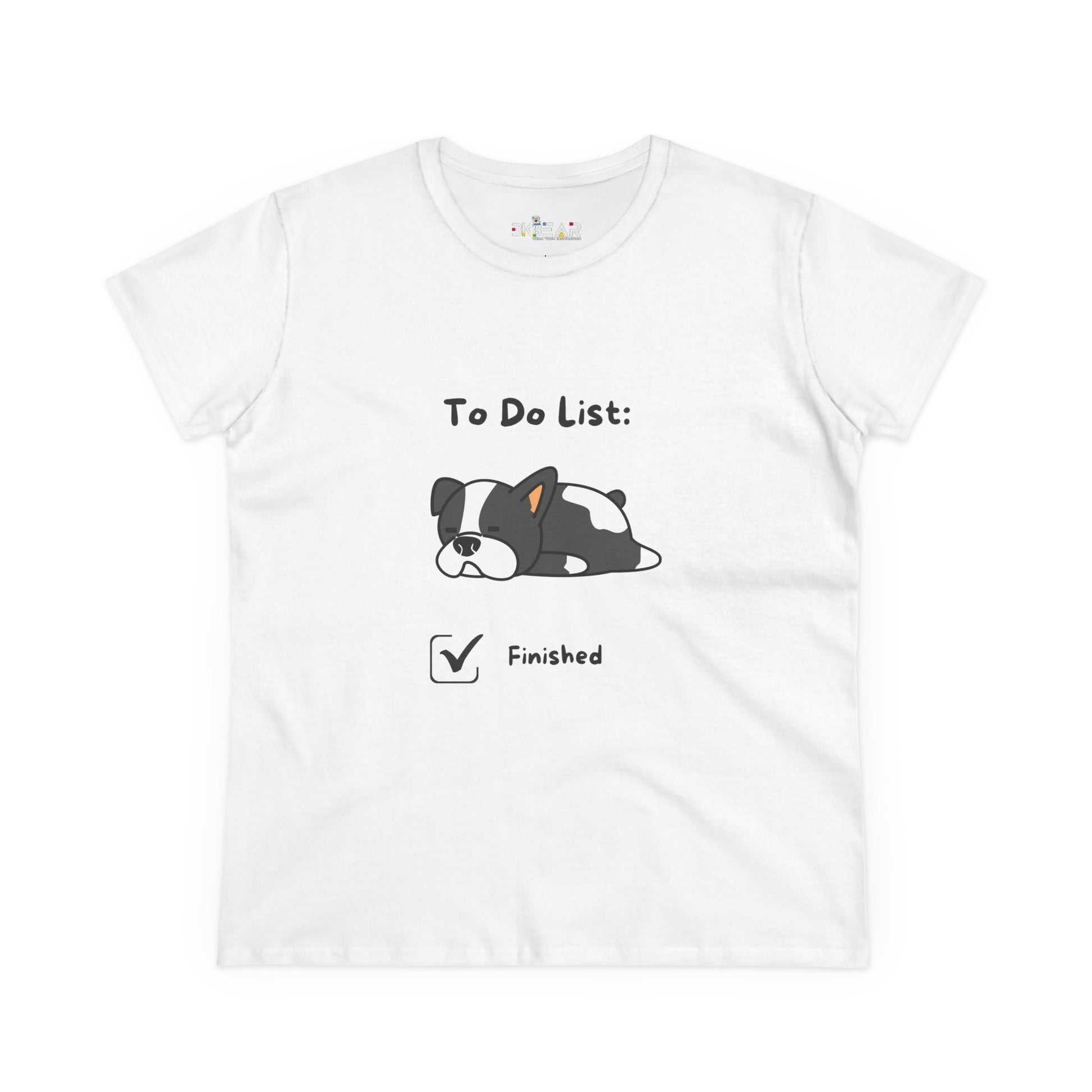 White funny to do list tee with cute sleeping dog graphic and finished checklist from Printify