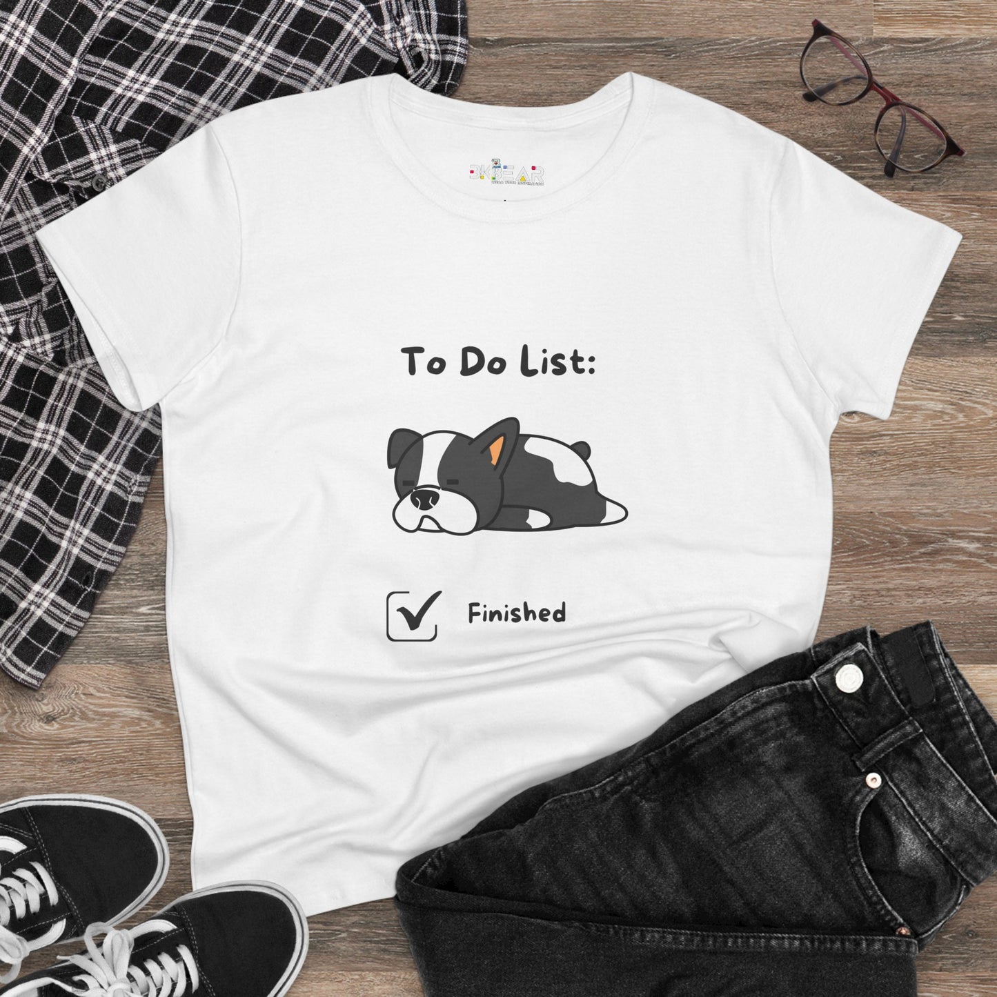 White funny to do list tee with a sleeping dog illustration and finished checkbox printed on front