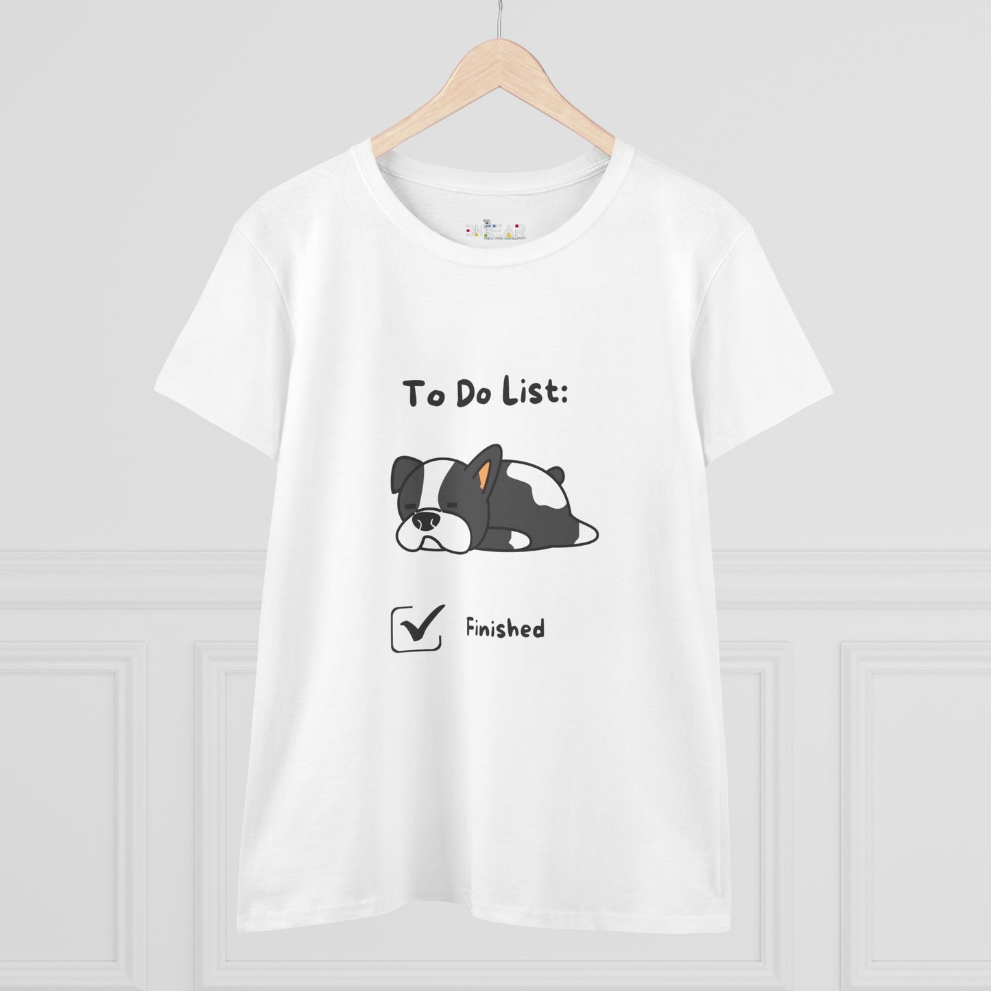 White funny to do list tee featuring a sleepy dog with a checked finished box graphic