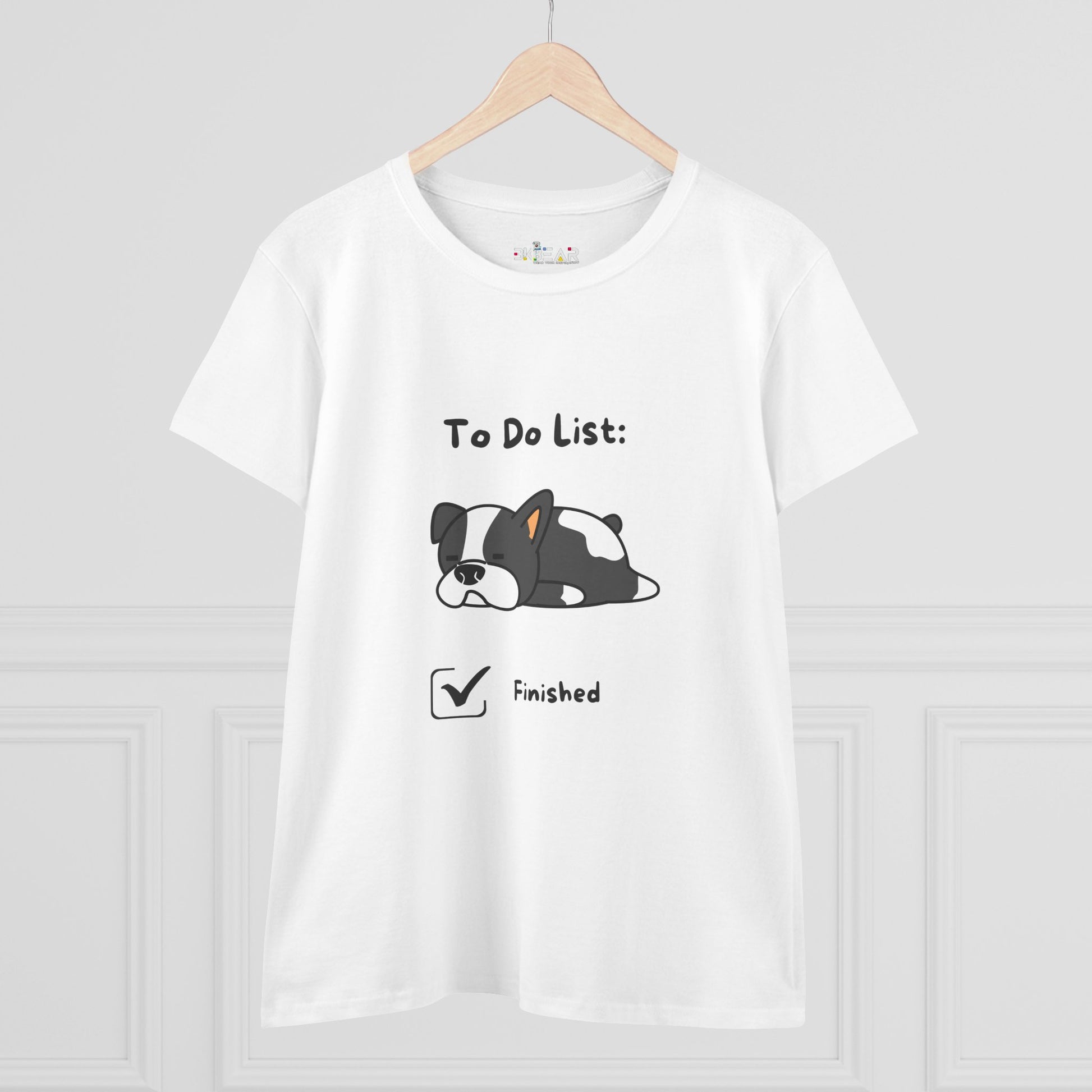 White funny to do list tee featuring a sleepy dog with a checked finished box graphic