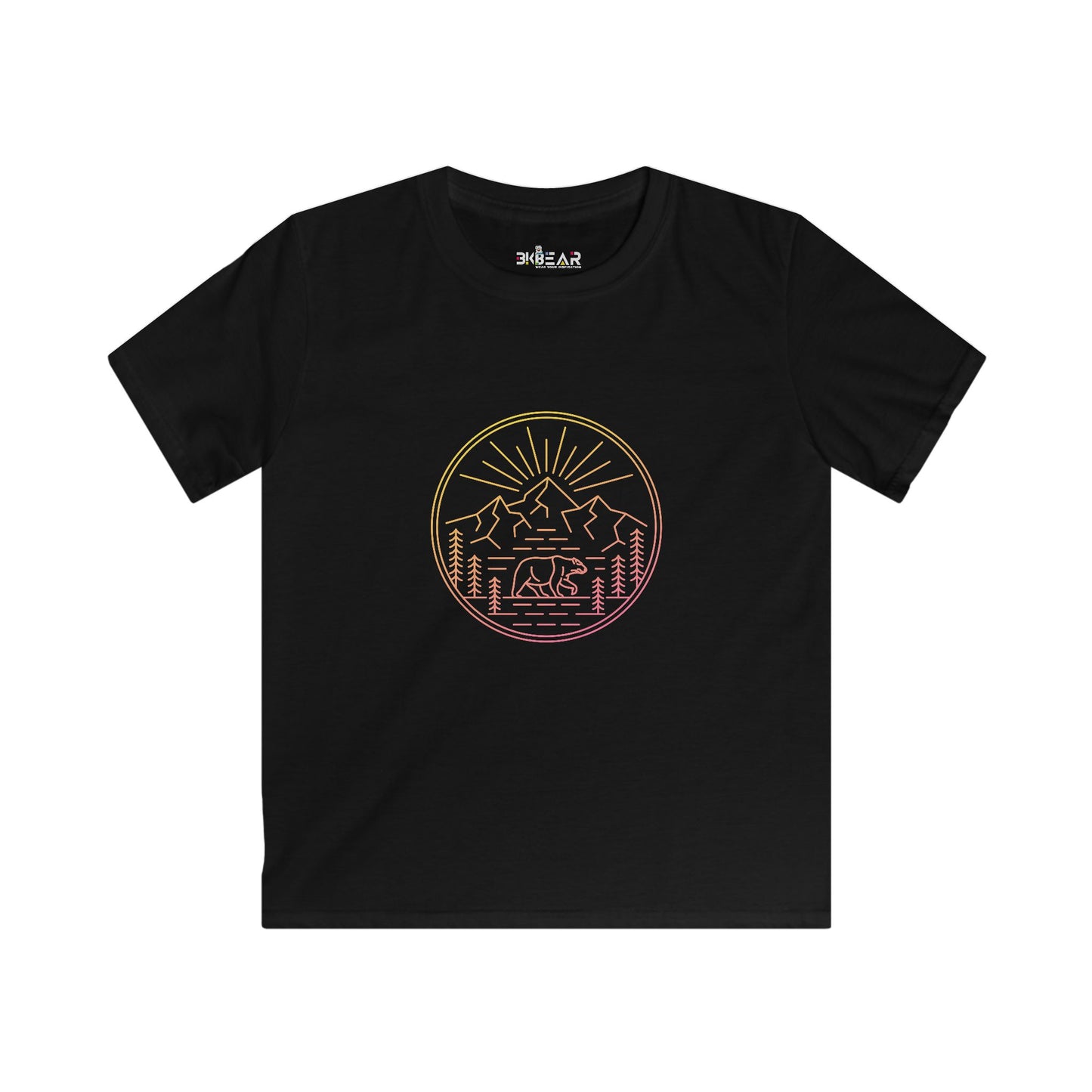 Black kids shirt with colorful outdoor mountain and bear graphic design explore outdoors kids shirt