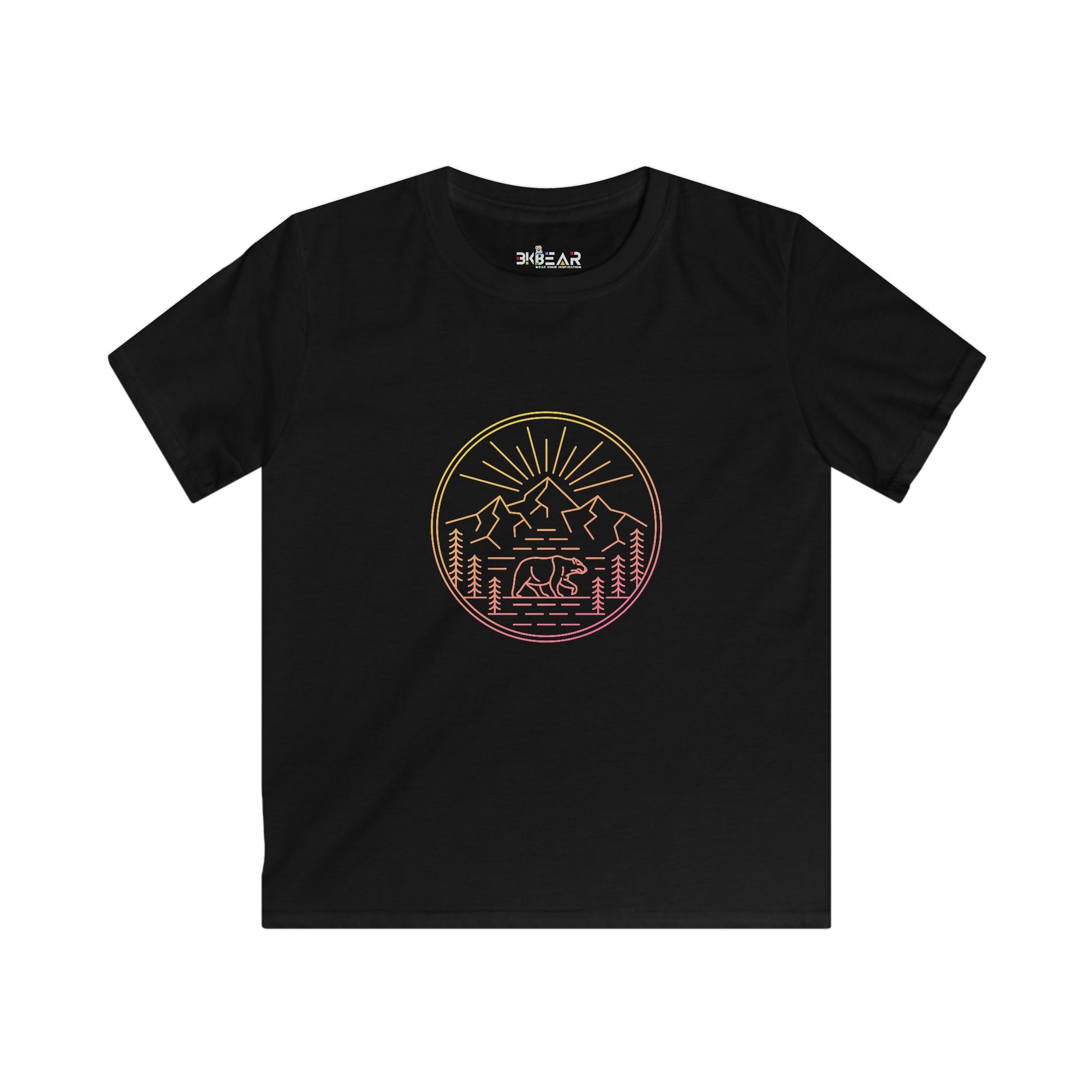 Black kids shirt with colorful outdoor mountain and bear graphic design explore outdoors kids shirt
