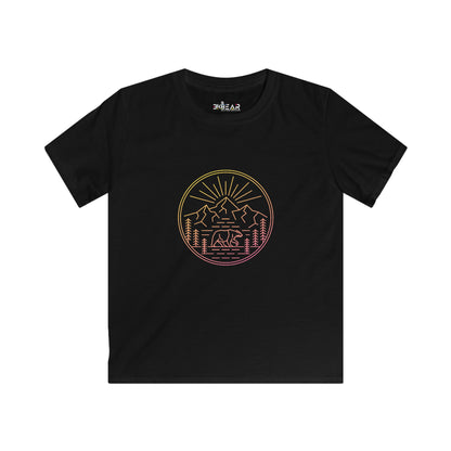 Black kids shirt with colorful outdoor mountain and bear graphic design explore outdoors kids shirt