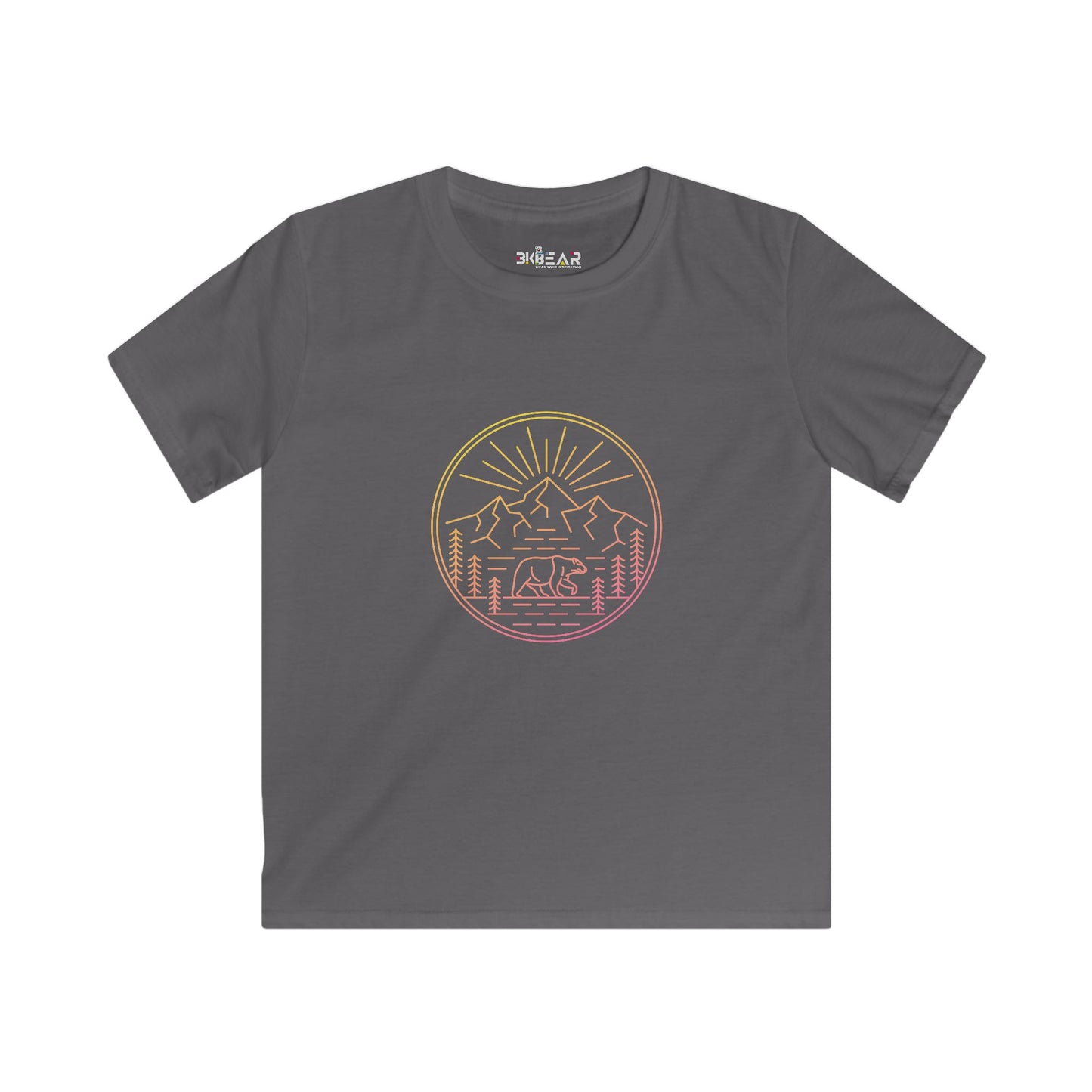 Gray explore outdoors kids shirt with colorful mountain and bear graphic from Printify