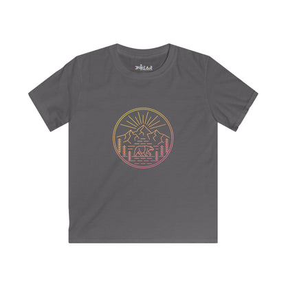 Gray explore outdoors kids shirt with colorful mountain and bear graphic from Printify