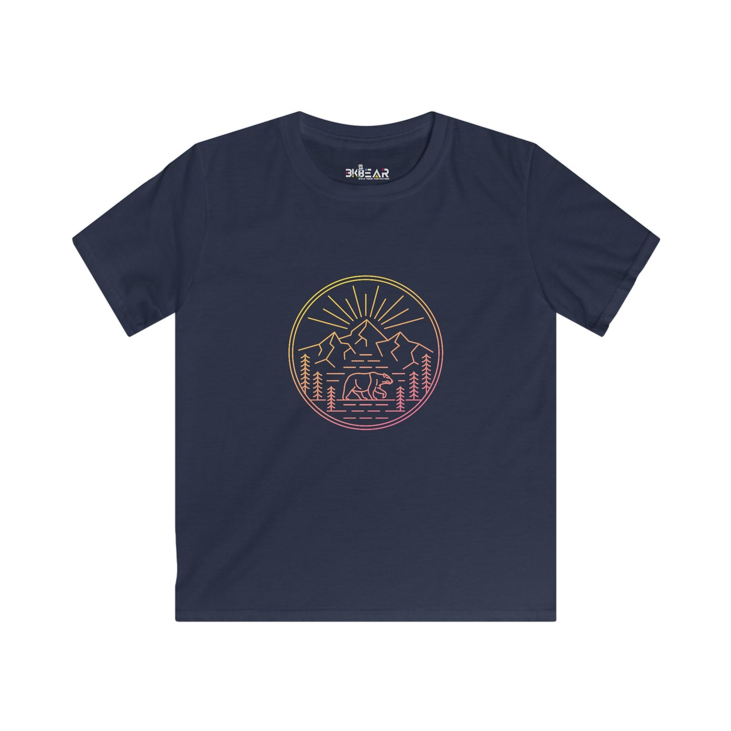 Navy Printify kids shirt with mountain and bear design for explore outdoors kids shirt