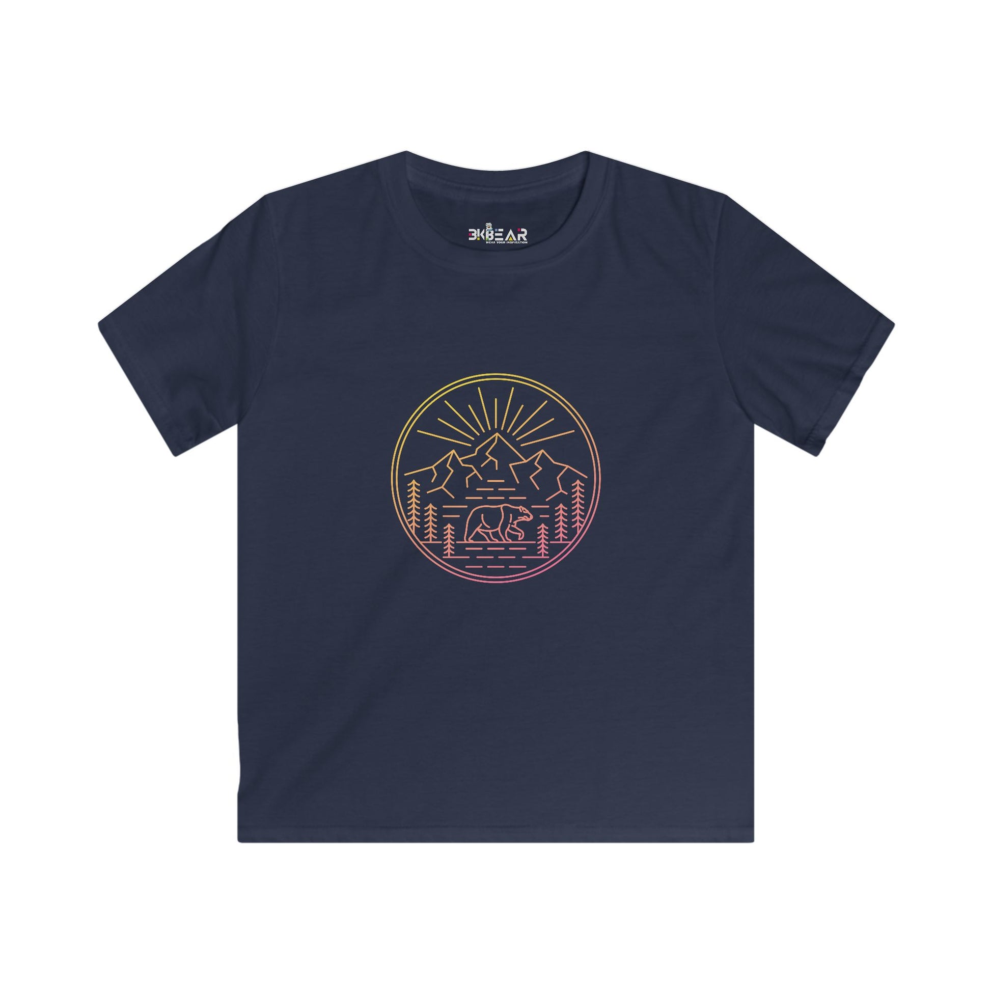 Navy Printify kids shirt with mountain and bear design for explore outdoors kids shirt